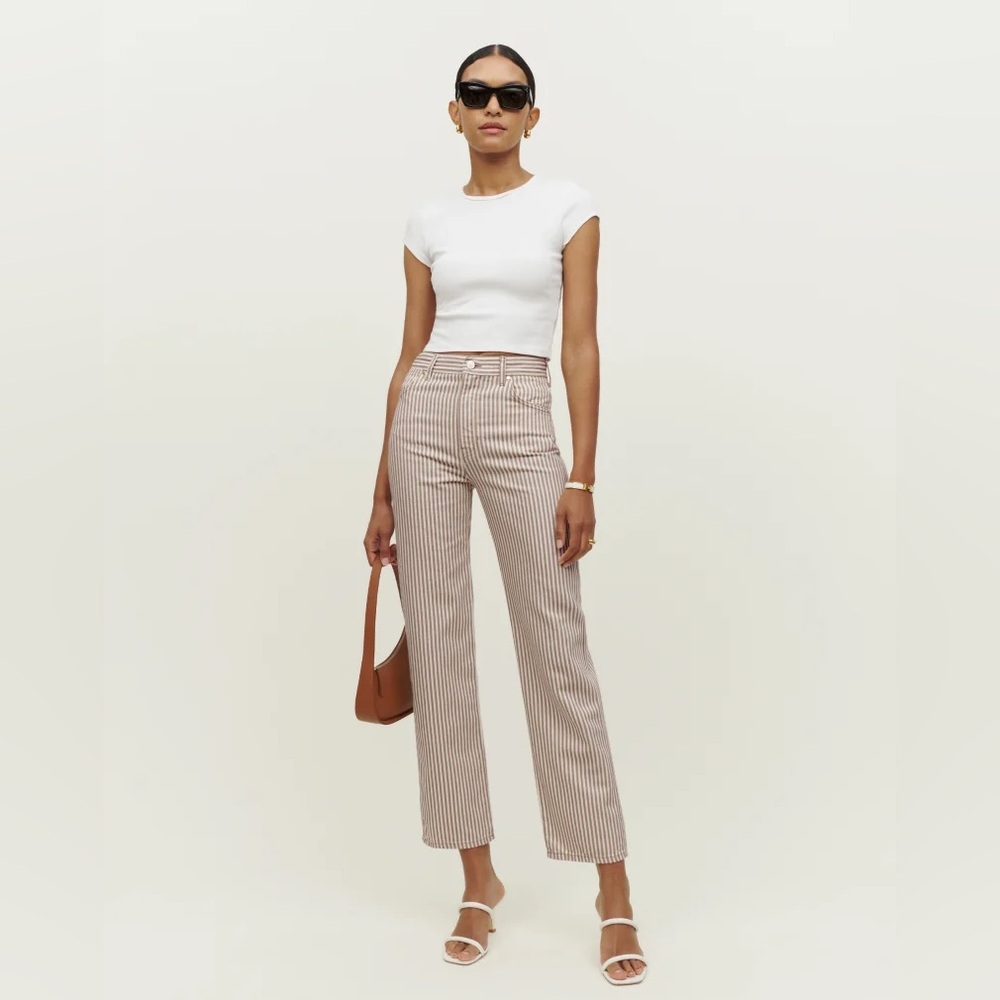 Reformation High Rise Striped Jeans - Cream and Brown